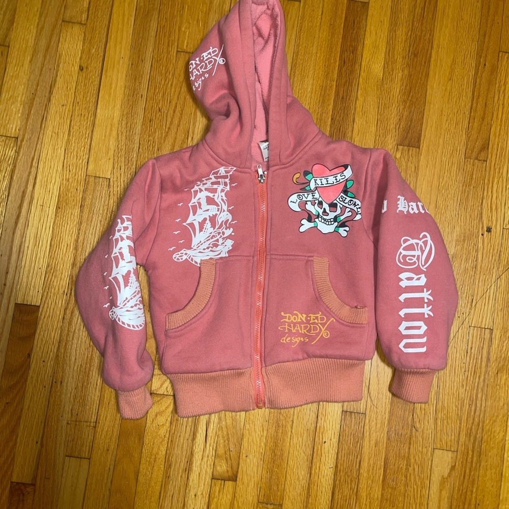 Ed Hardy Kids Coral Hoodie with Tattoo Graphics